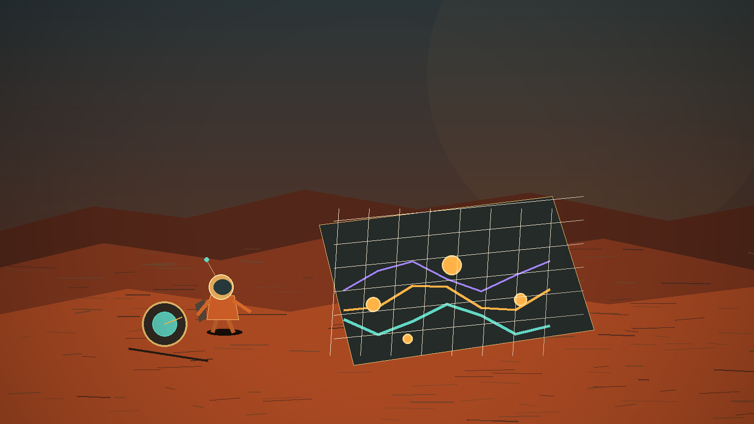 The Invincible illustrated playthrough panel: Locator device and abstract M-map turning early disorientation into navigable trust.