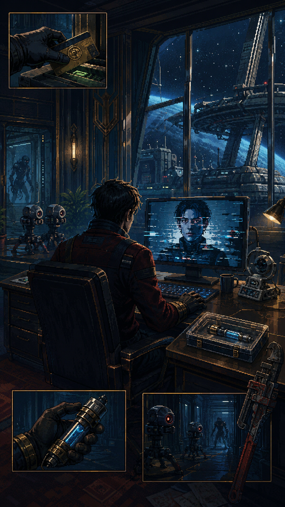 Prey illustrated journal evidence: Morgan's office evidence collage with January monitor, keycard, Neuromod/GLOO handoff, turrets, wrench, and the Looking Glass objective.