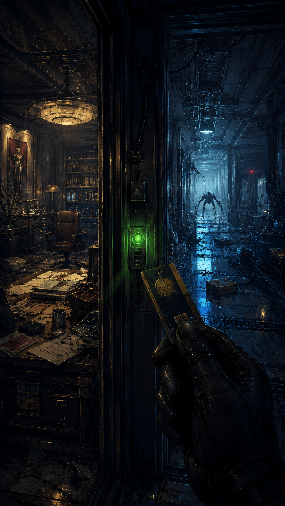 Prey illustrated journal evidence: Teleconferencing keycard in hand at the office threshold, with the next Phantom-tier corridor threat waiting beyond.