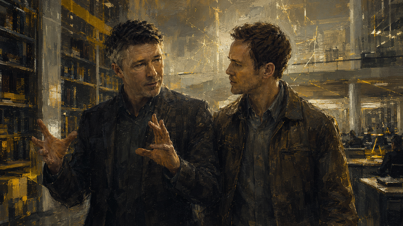 Quantum Break journal photo evidence: Jack and Paul at the machine threshold, clean tech door, before the experiment crosses from theory into danger.