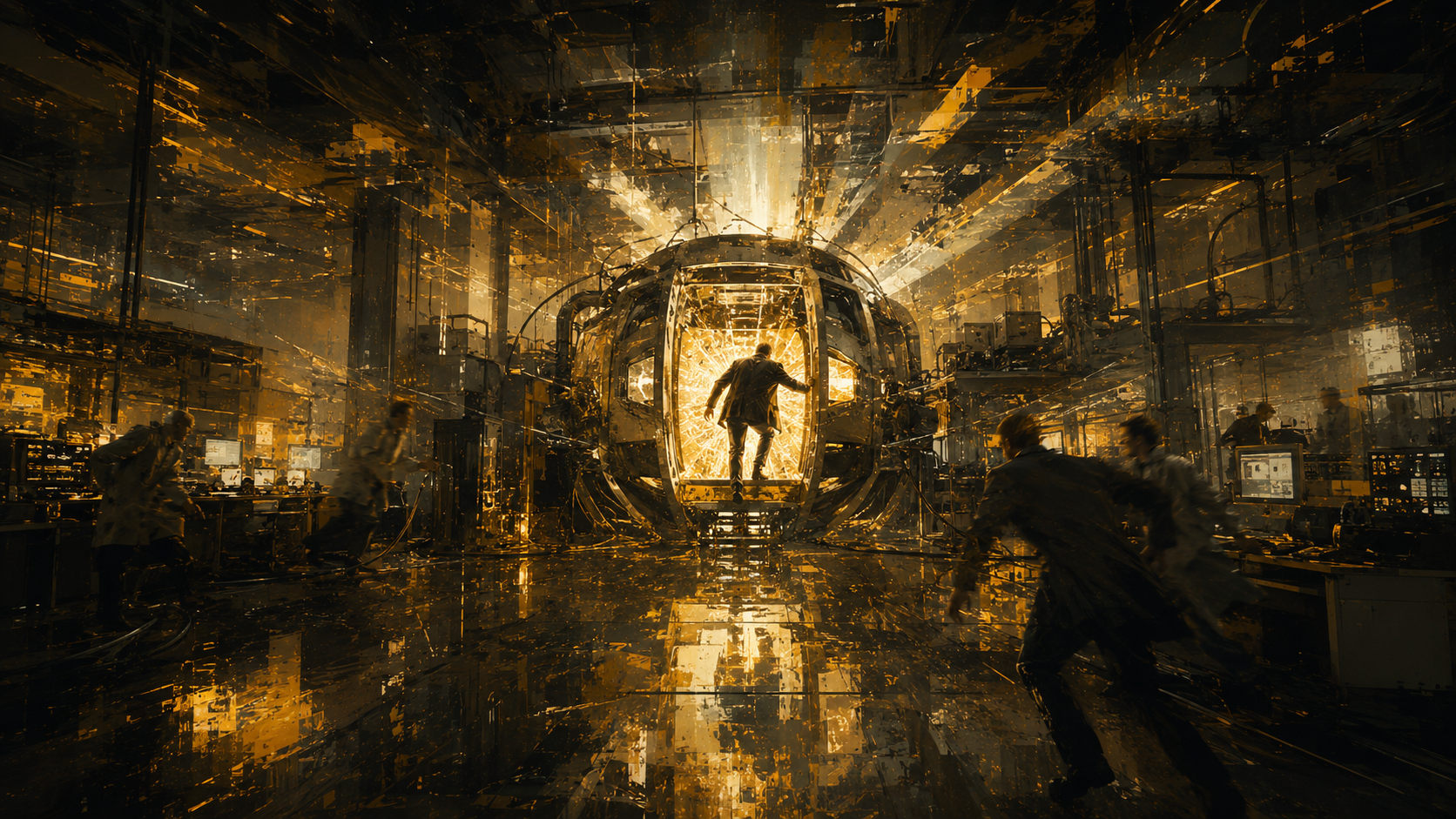 Quantum Break journal photo evidence: Machine core overload, amber emergency contrast, unclear self-detonation read, people caught mid-reaction.